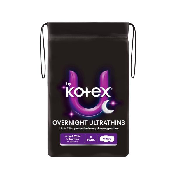 U BY KOTEX ULTRATHINS LONG OVERNIGHT PADS WITH WINGS 8 PACK.