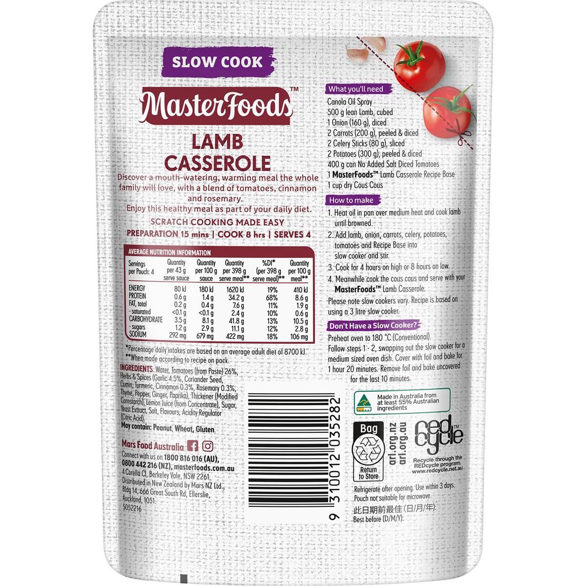 MasterFoods Lamb Casserole Slow Cook Recipe Base 175g