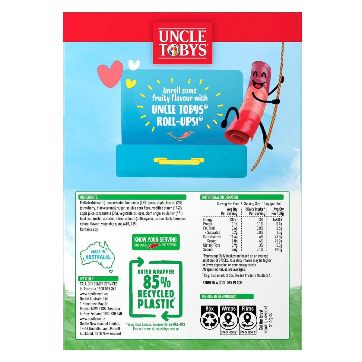 Uncle Tobys Roll-Ups Rainbow Berry 6 Pack