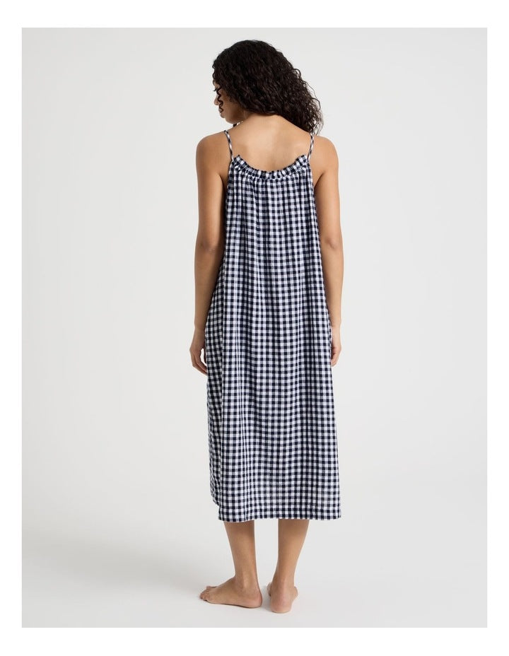 Divine Cheesecloth Gathered Long Chemise in Navy Check Y/D