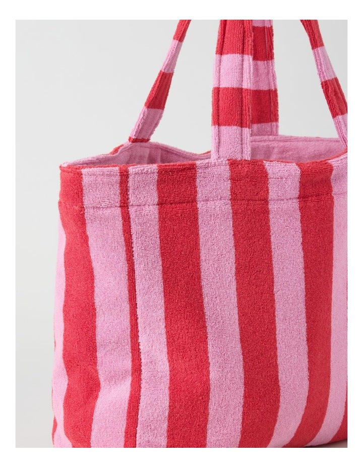 Reverse Stripe Velour Terry Beach Bag in Red and Pink
