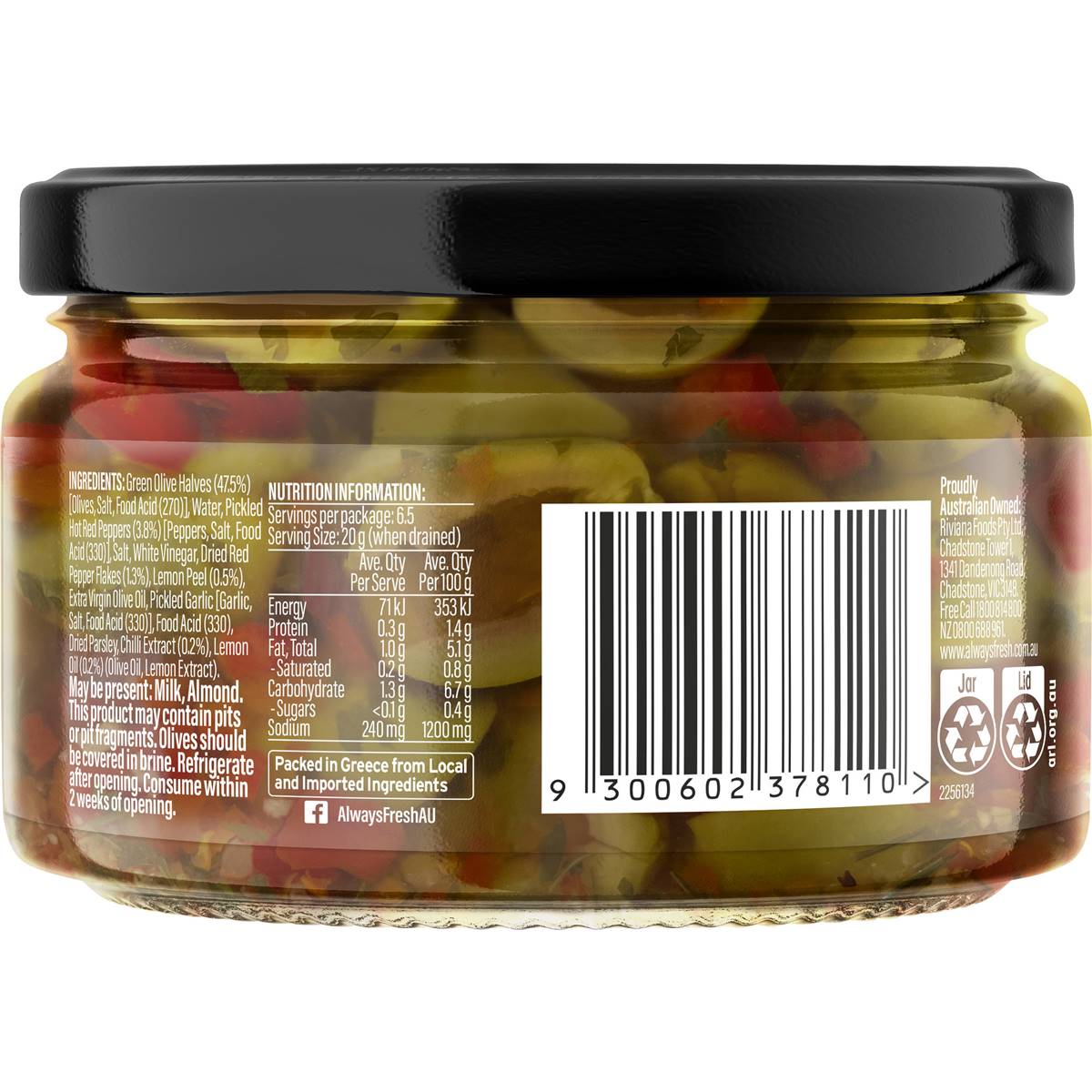 Always Fresh Lemon & Chilli Split Green Olives 240g
