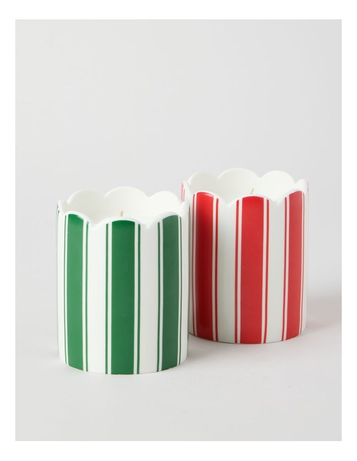 Ceramic Christmas Candle 300g in Green and White Stripe