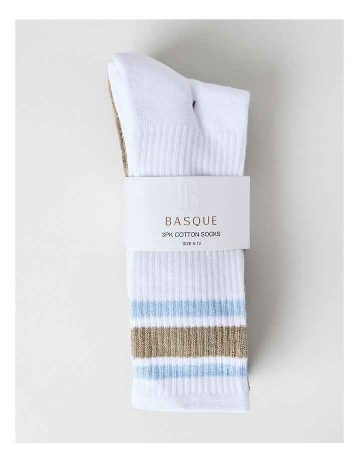 Stripe Sports Crew Socks 3 Pack in White, Burnt Honey, and Navy