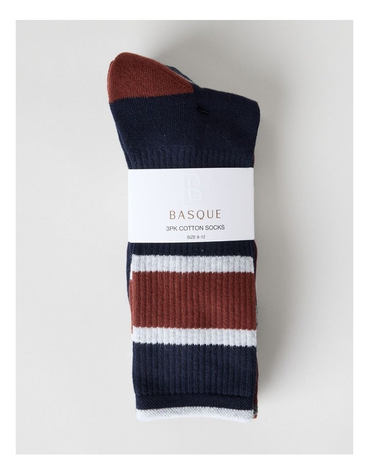 Block Stripe Sports Crew Socks 3 Pack in Khaki, Pumice, and Smokey