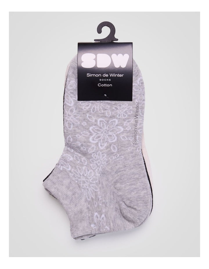 3 Pack Flowers Anklet Socks in Cloud Grey Marle, Black, and Almond Marle