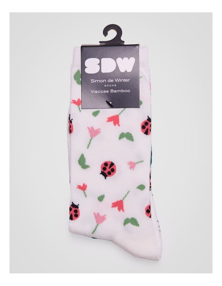 2 Pack Patterned Crew Socks in Ivory Insect Print