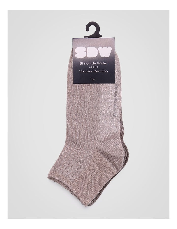 2 Pack Bamboo Metallic Rib Quarter Crew Socks in Stone and Taupe Grey