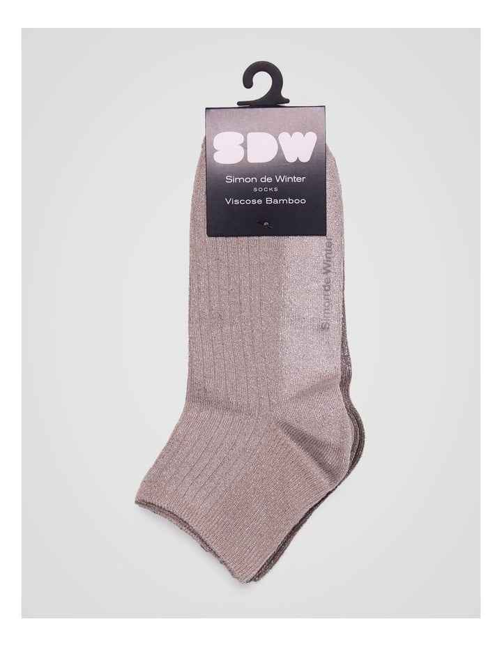 2 Pack Bamboo Metallic Rib Quarter Crew Socks in Stone and Taupe Grey