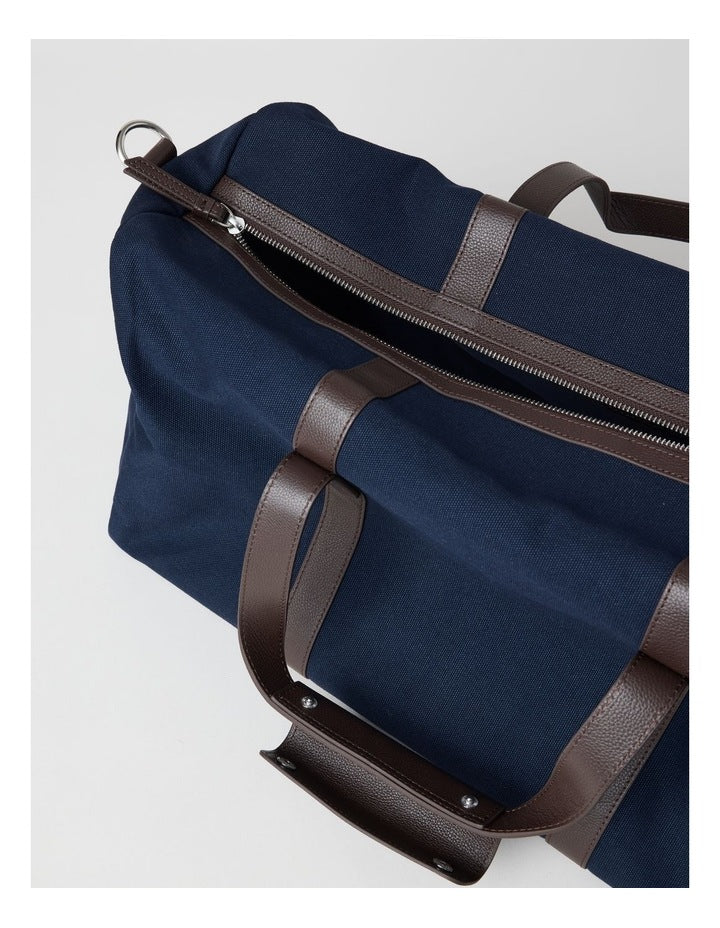 Leather Trim Weekender Bag in Navy