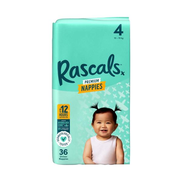 RASCALS PREMIUM NAPPIES SIZE 4 (10-15KG) 36 PACK