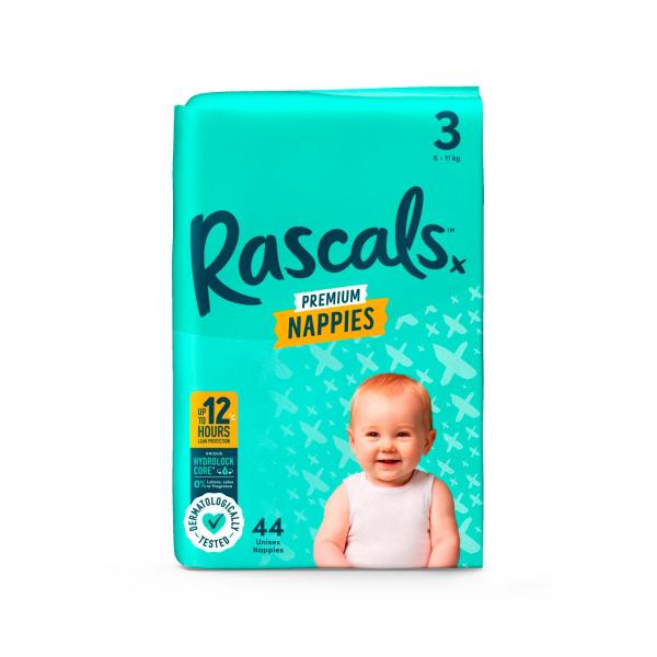 RASCALS PREMIUM NAPPIES SIZE 3 (6-11KG) 44 PACK