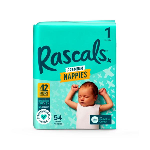 RASCALS PREMIUM NAPPIES SIZE 1 (3-5KG) 54 PACK