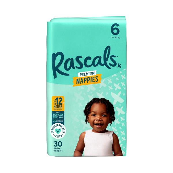 RASCALS PREMIUM NAPPIES SIZE 6 (15-20KG) 30 PACK