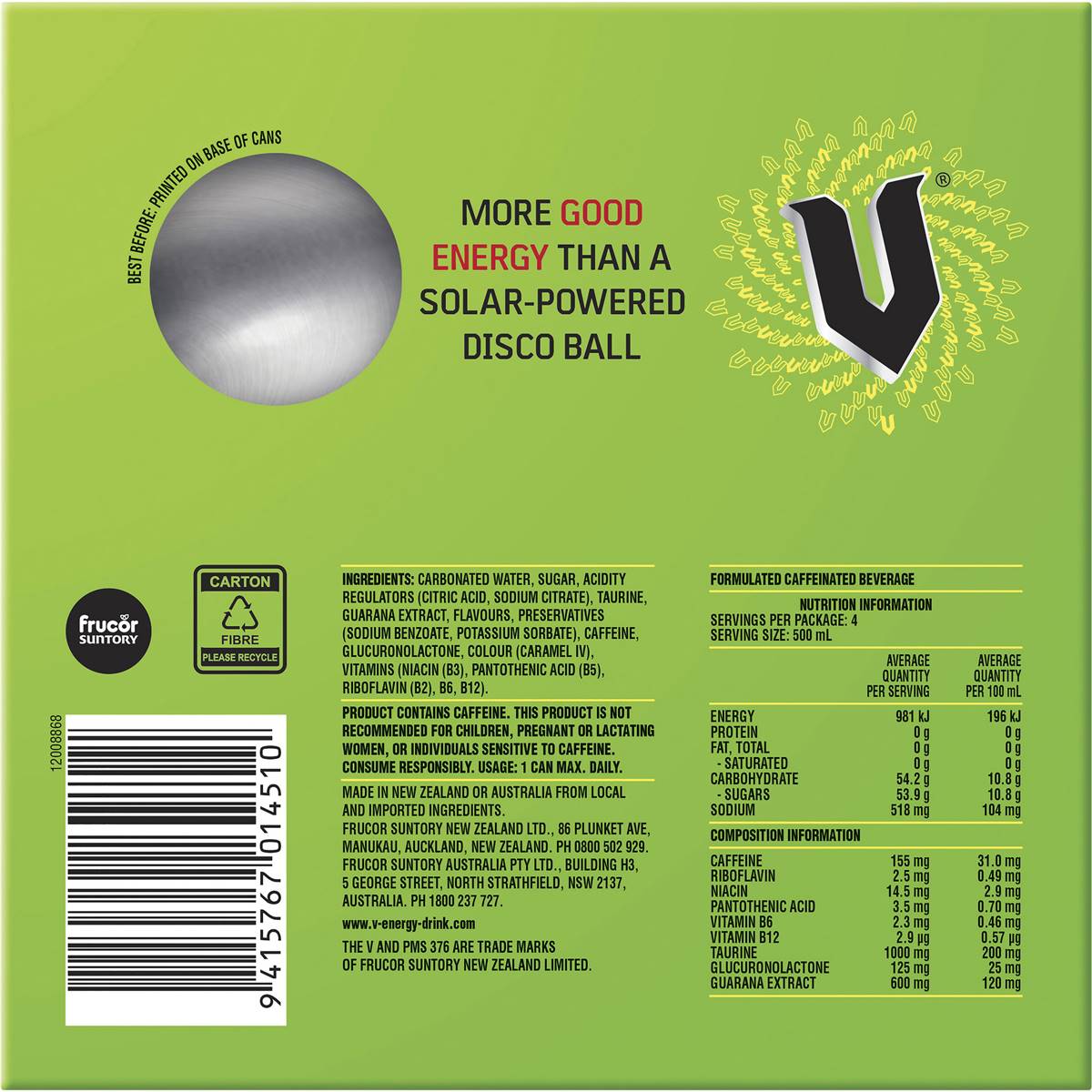 V Energy Drink 500ml x4 Pack