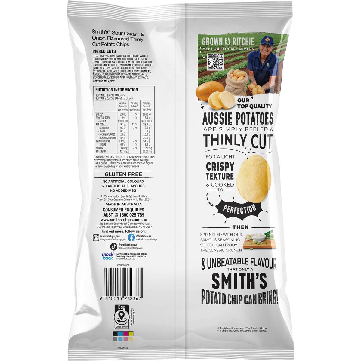 Smith's Thinly Cut Potato Chips Share Pack Sour Cream & Onion 175g
