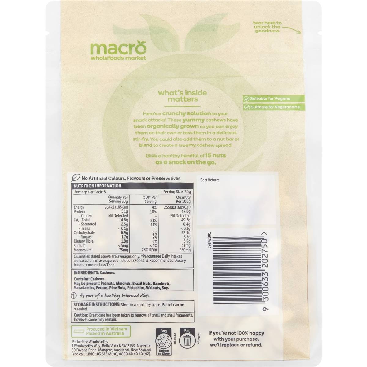 Macro Organic Natural Cashews 250g