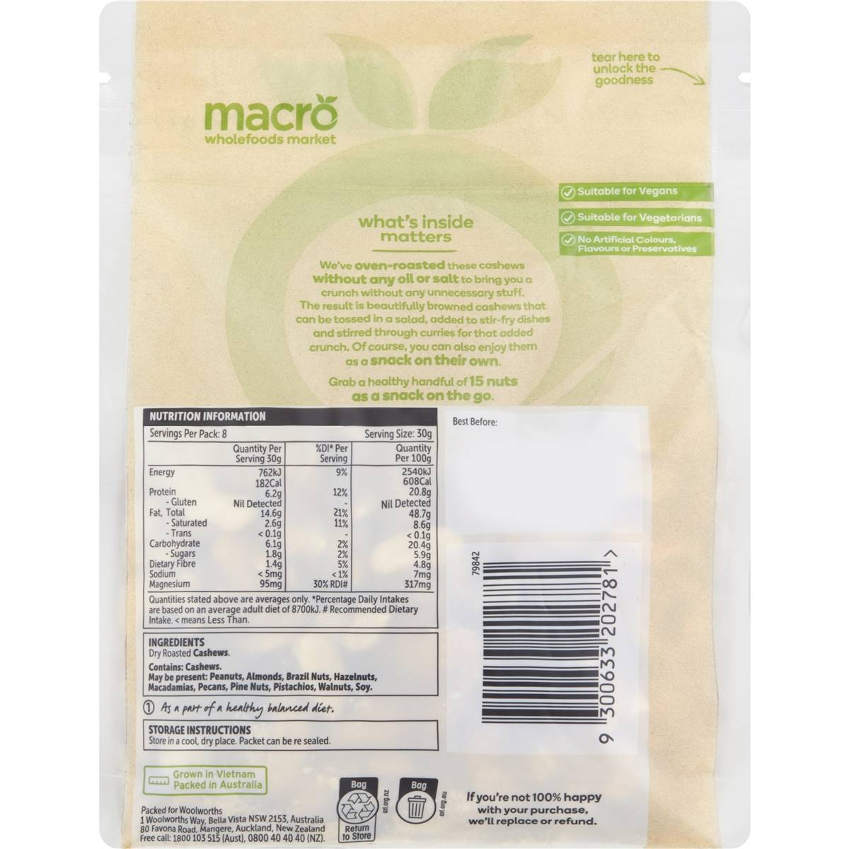 Macro Dry Roasted Cashews Nuts 250g