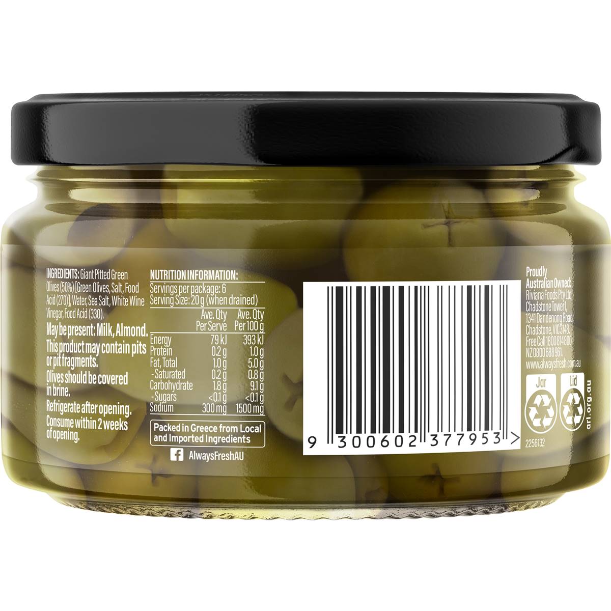 Always Fresh Whole Giant Pitted Green Olives 240g