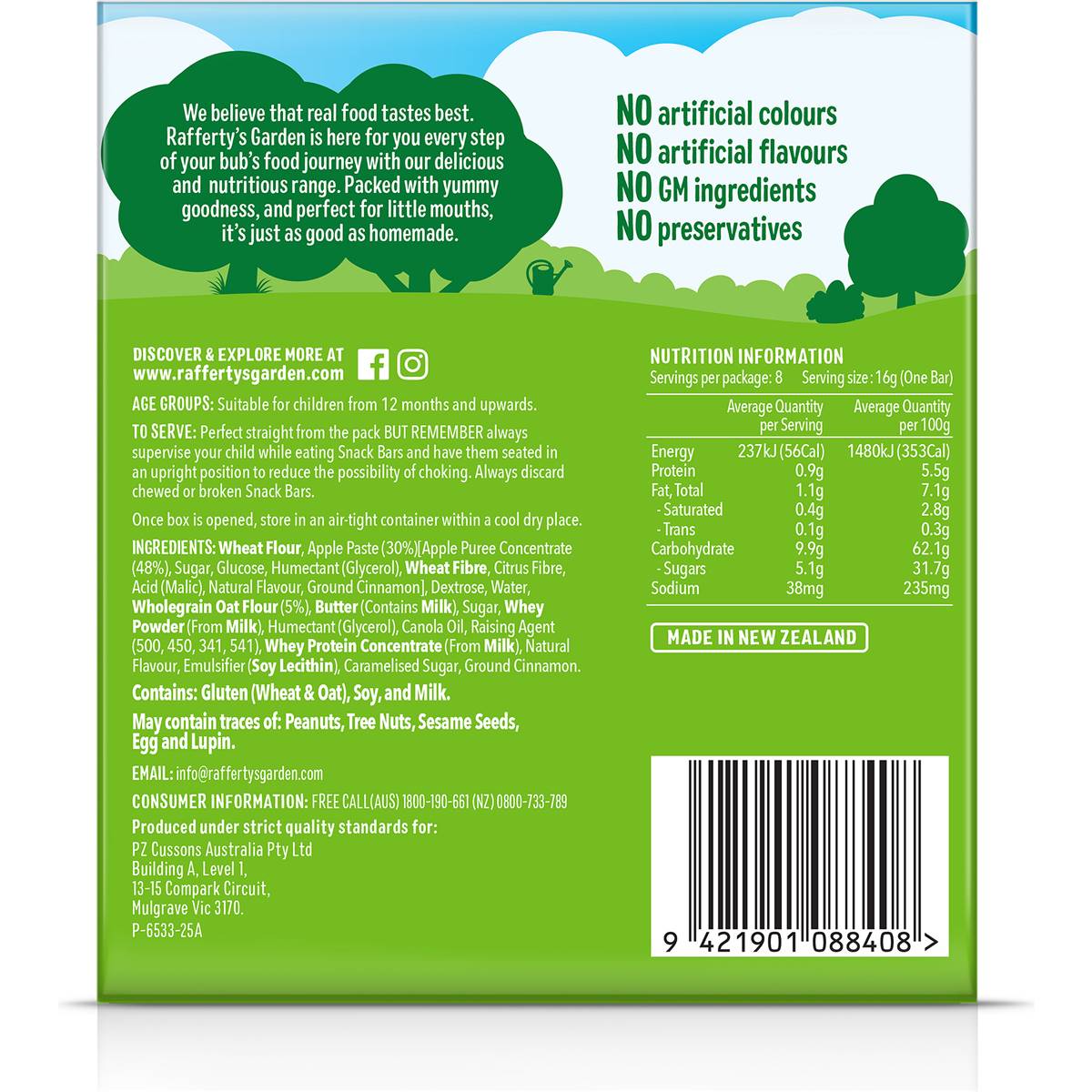 Rafferty's Garden Baby Food Apple Snack Bars Real Fruit 8 Pack 12+ Months 128g