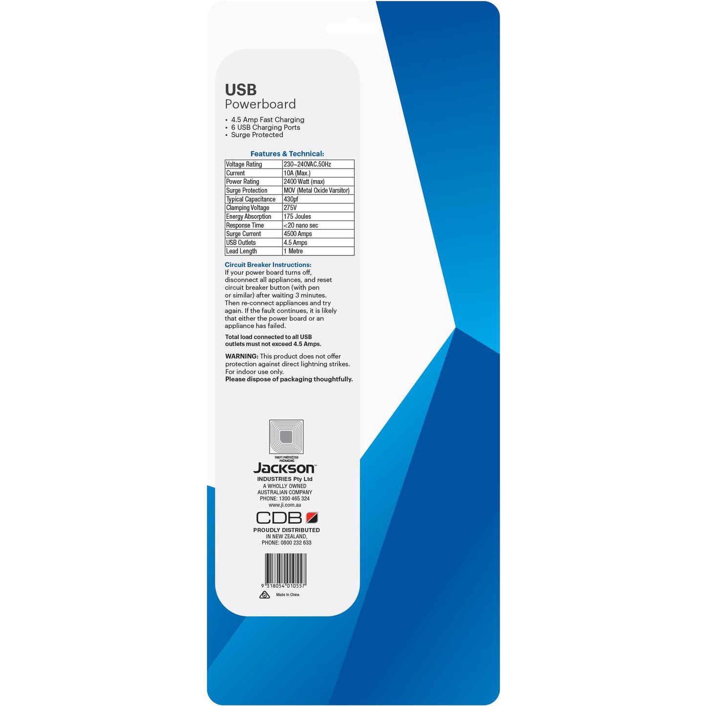 Jackson Surge Protected Board w/ 10 x Power Socket, 6 x USB-A Outlets