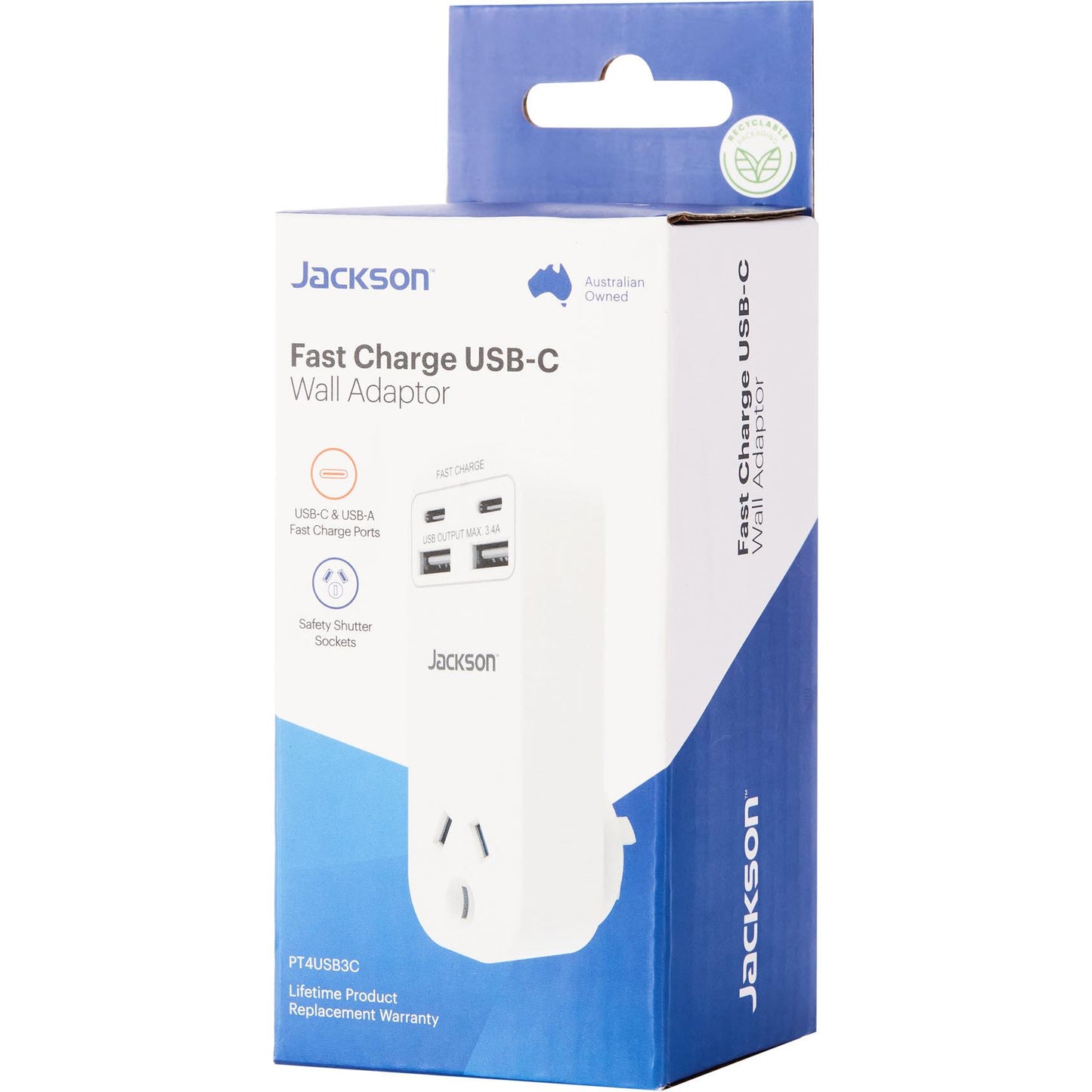 Jackson Fast Charge Adaptor w/ 1 x Power Socket, 2 x USB-A, 2 x USB-C Outlets