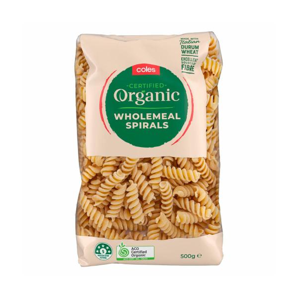COLES ORGANIC WHOLEMEAL SPIRALS PASTA.:500 GRAM