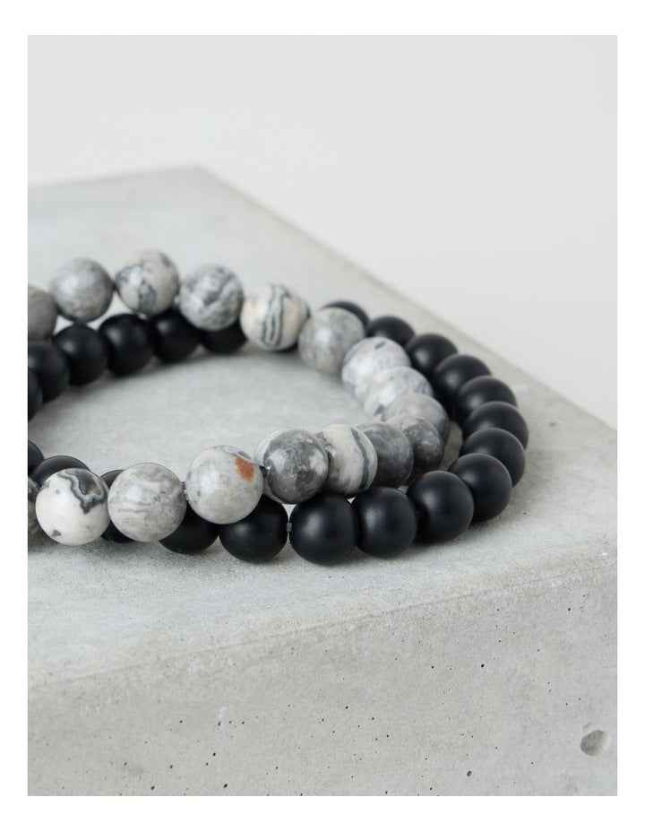 Semi Precious Bracelet 2 Pack in Black and Grey