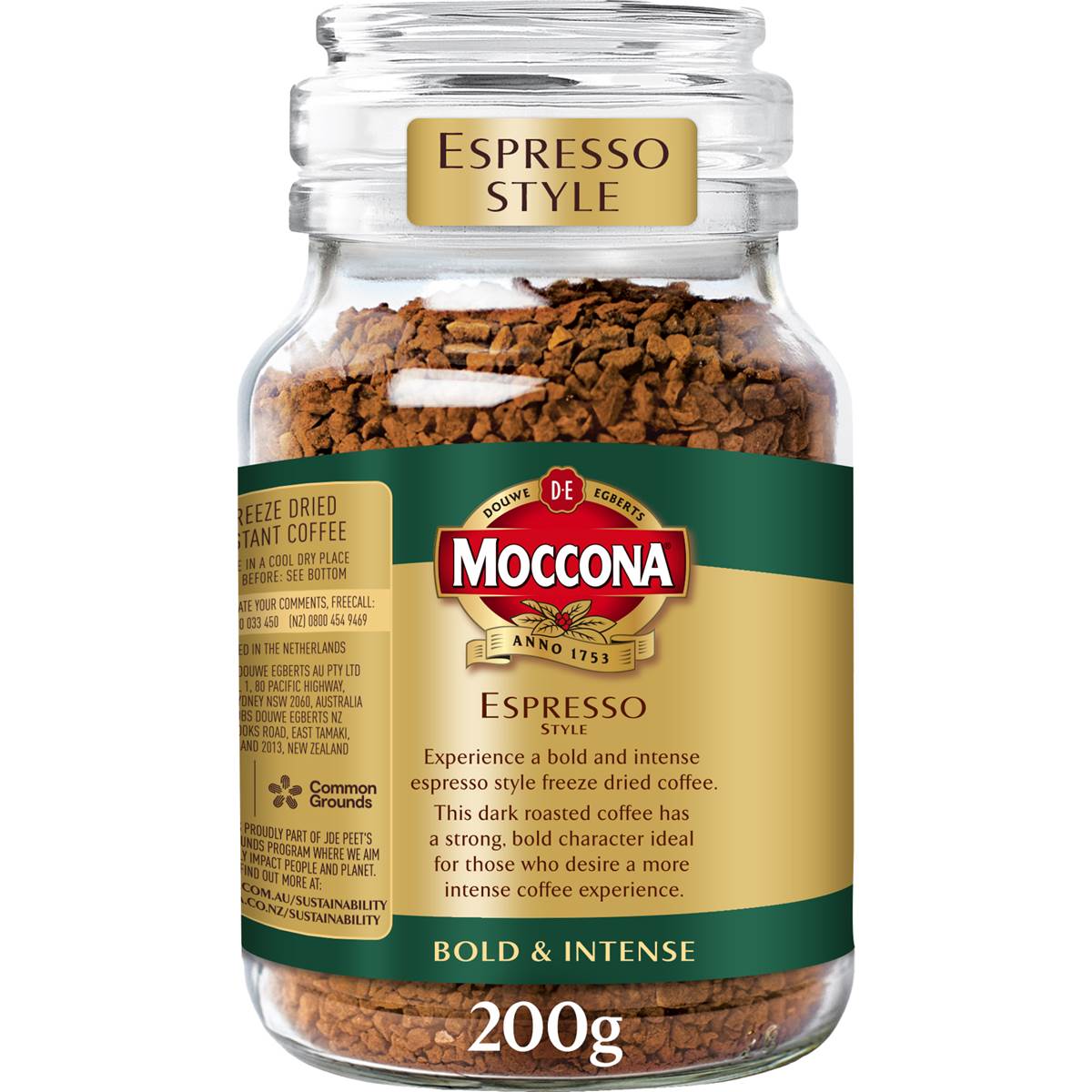 Moccona Freeze Dried Instant Coffee Espresso Style Bold & Intense 200g