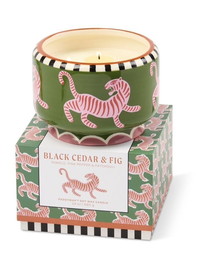 A dopo 24 oz Ceramic Tiger Candle - Black Cedar & Fig