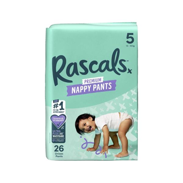 RASCALS PREMIUM NAPPY PANTS SIZE 5 (13-18KG) 26 PACK