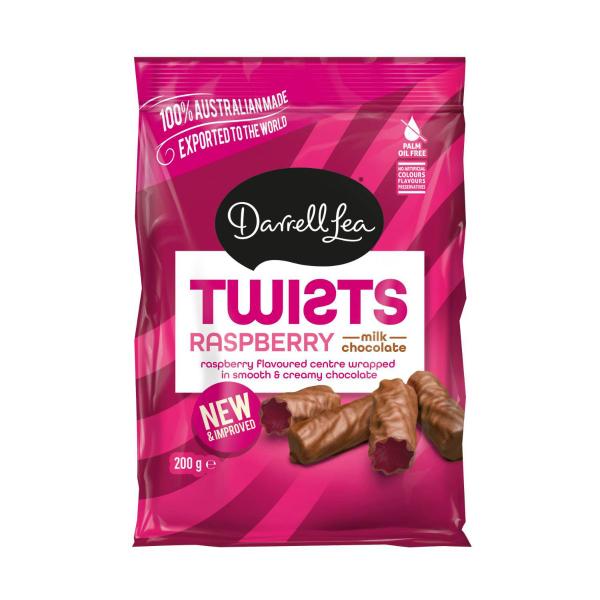 DARRELL LEA TWISTS MILK CHOCOLATE RASPBERRY 200 GRAM