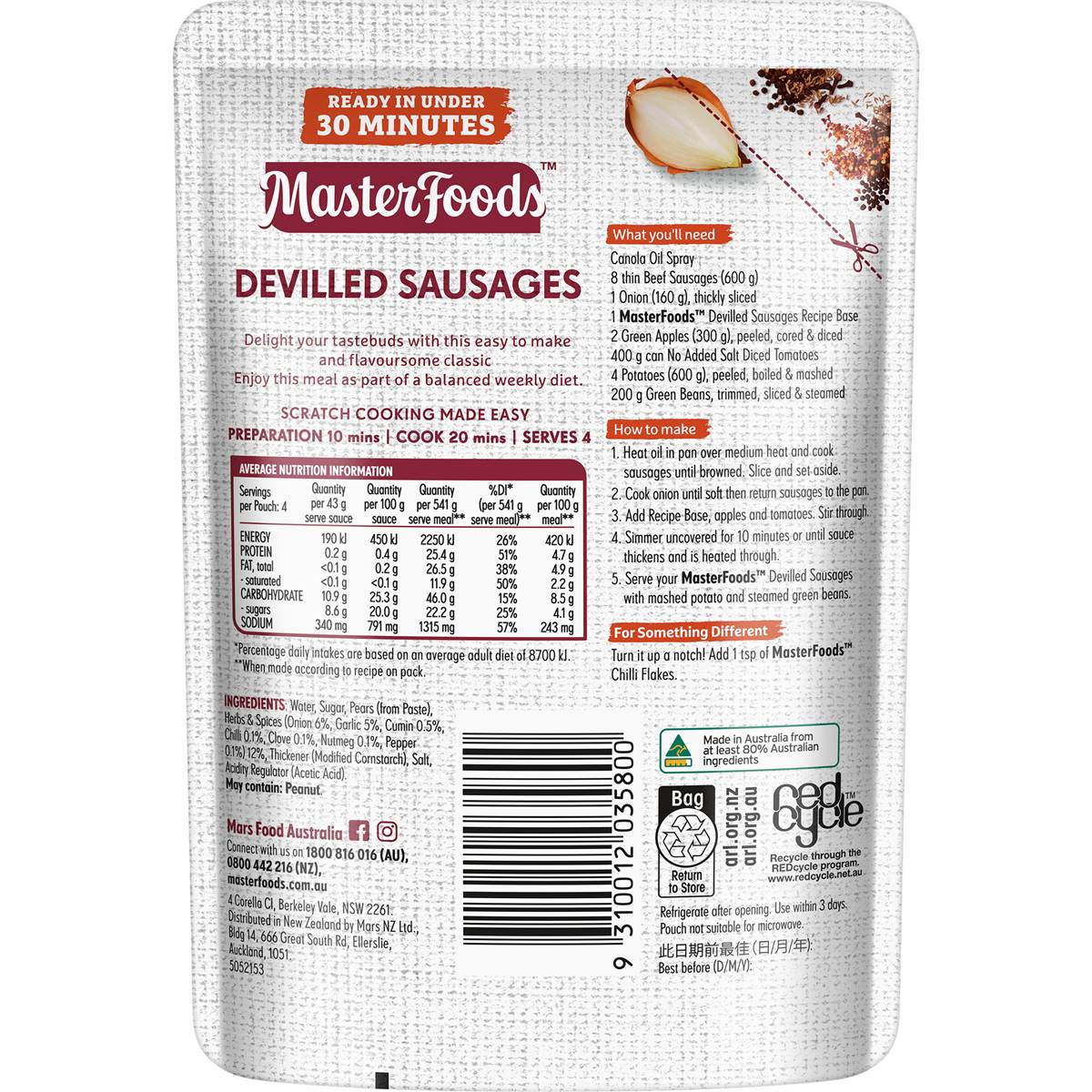 MasterFoods Devilled Sausages Recipe Base 175g