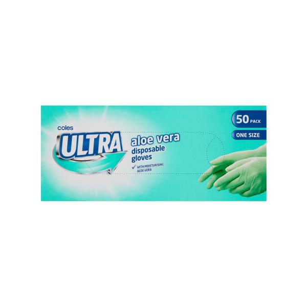 COLES ULTRA DISPOSABLE LATEX GLOVES ALOE VERA MEDIUM 50 PACK