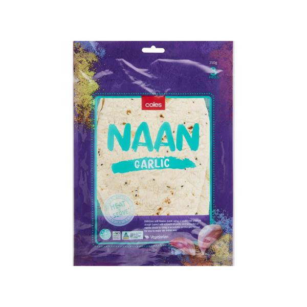 COLES INDIAN NAAN GARLIC 3 PACK 250G