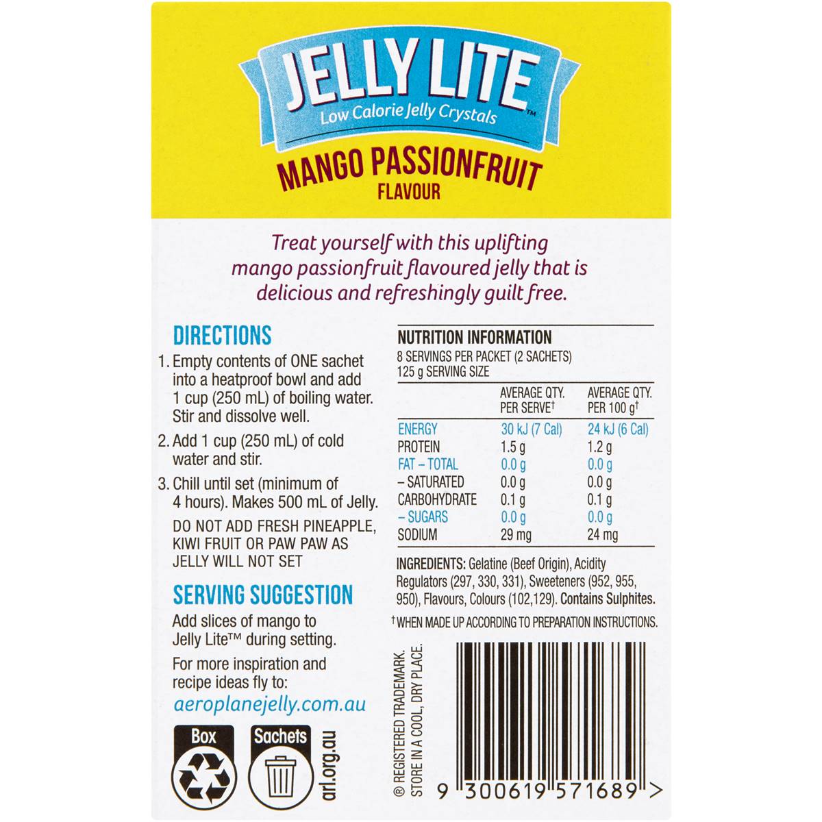Aeroplane Jelly Lite Mango Passionfruit Low Calorie Jelly Crystals 2x9g
