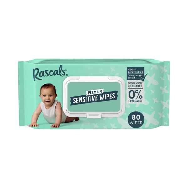 RASCALS PREMIUM SENSITIVE WIPES PLASTIC FREE CLOTH 80 PACK