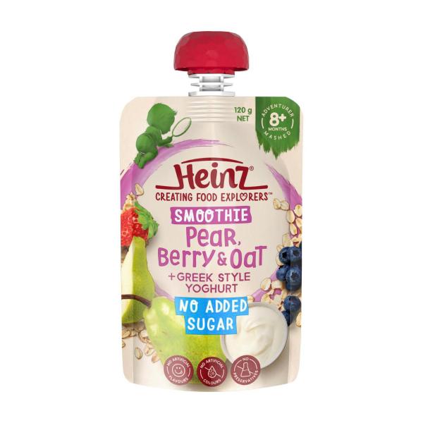 HEINZ SMOOTHIE PEAR- BERRY & OAT + GREEK STYLE YOGURT BABY FOOD POUCH 120G 8+ MONTHS