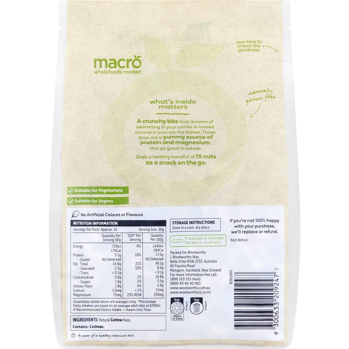 Macro Natural Cashew Kernels 500g