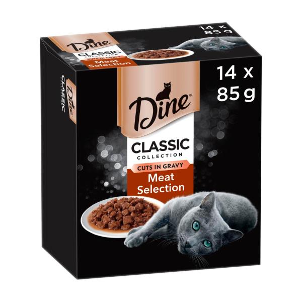 DINE WET CAT FOOD MEAT SELECTION IN GRAVY 14X85G TRAYS
