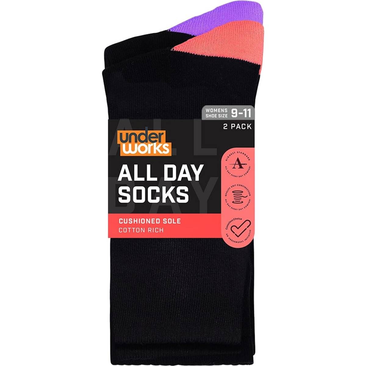 Underworks Womens All Day Cushion Foot Socks Black Size 9-11 2 Pack