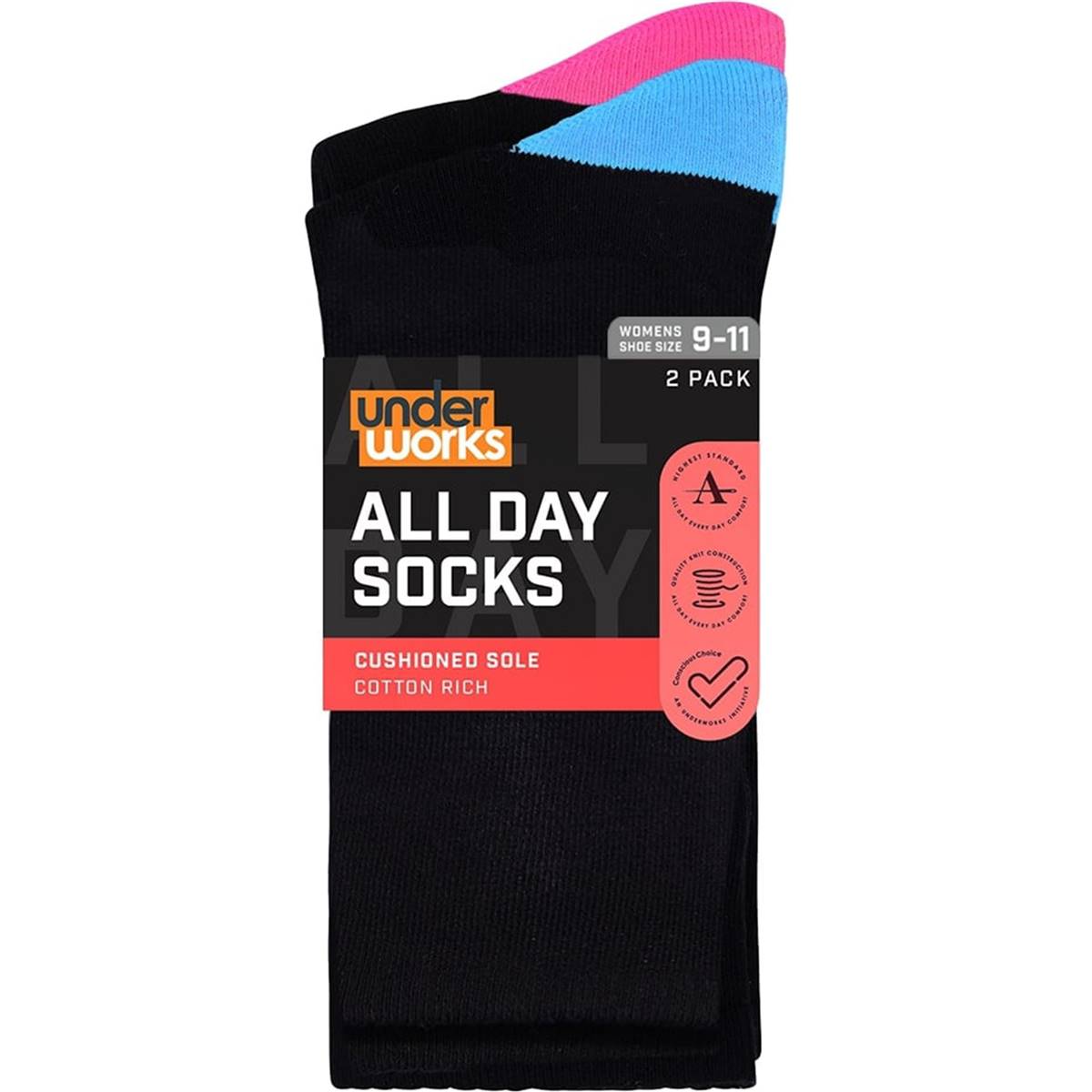 Underworks Womens All Day Cushion Foot Socks Black Size 9-11 2 Pack