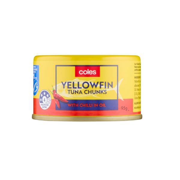COLES YELLOWFIN TUNA CHUNKS WITH CHILLI IN OIL 95G