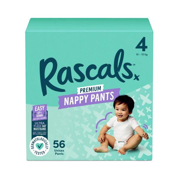 RASCALS PREMIUM NAPPY PANTS SIZE 4 (10-15KG) 56 PACK