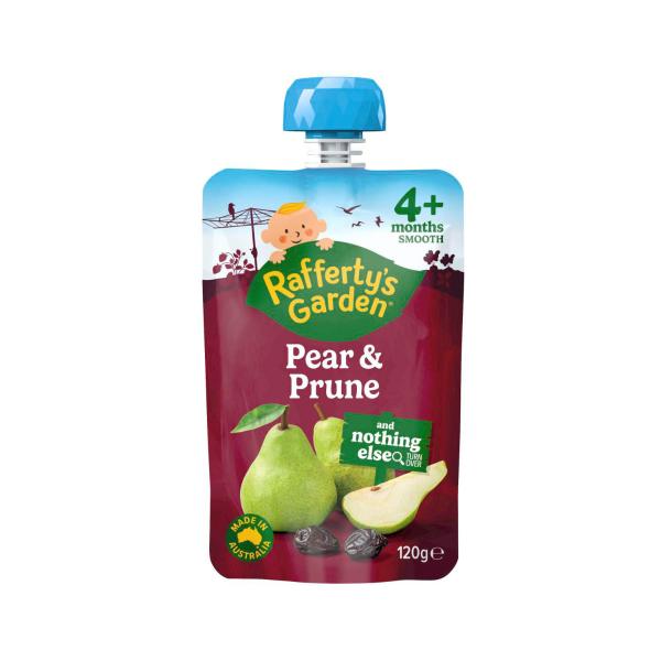 RAFFERTY'S GARDEN BABY FOOD POUCH PEAR & PRUNE PUREE AND NOTHING ELSE 4+ MONTHS 120G