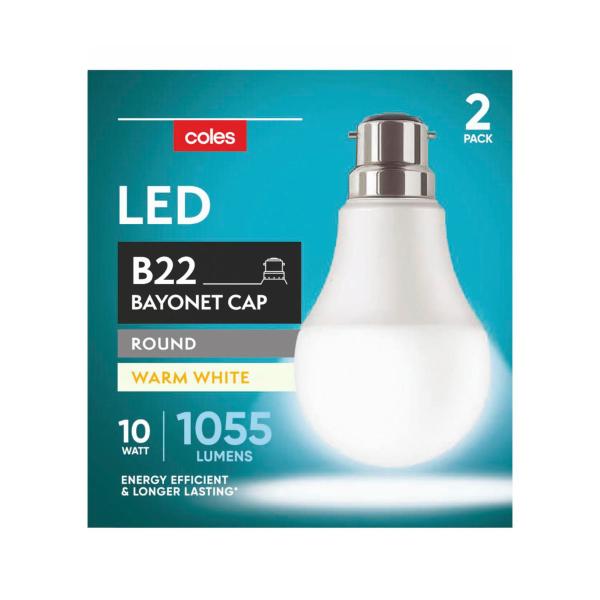 COLES LIGHT GLOBES LED GLS BC 10W 1055LUM 2700K:2 PACK