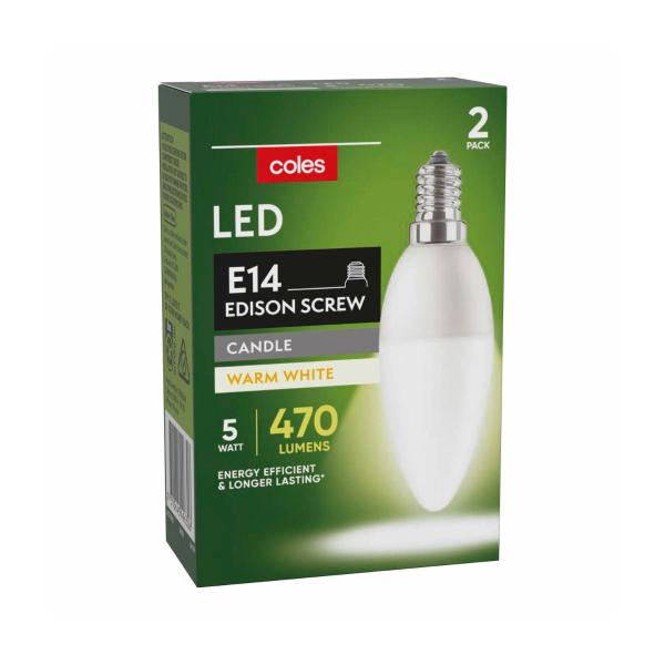 COLES LIGHT GLOBES LED CANDLE SES 5W 470LUM 2700K:2 PACK