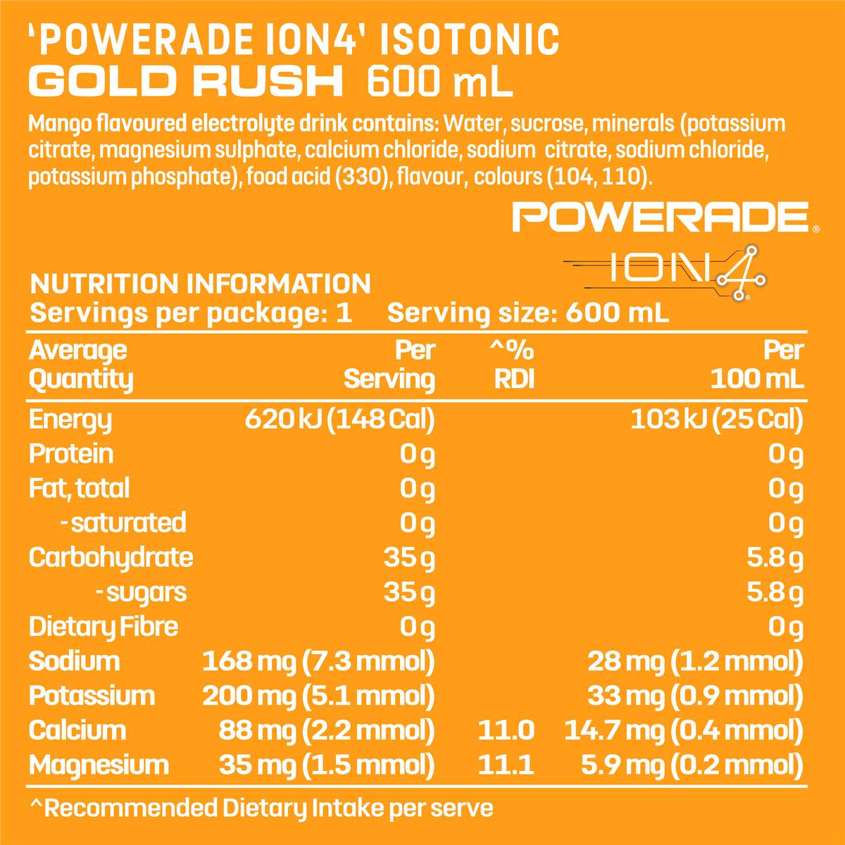Powerade Ion4 Gold Rush Sports Drink Sipper Cap 600ml
