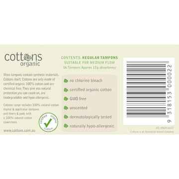 Cottons Organic Tampons Regular 16 pack