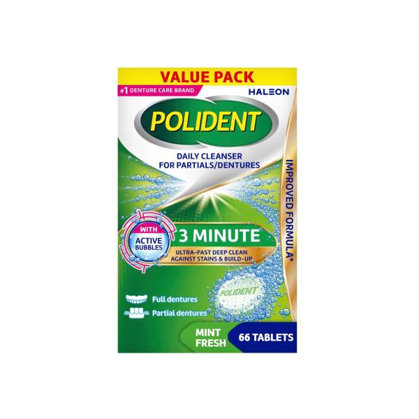 POLIDENT 3 MINUTE DENTURE CLEANSER 66 TABLETS